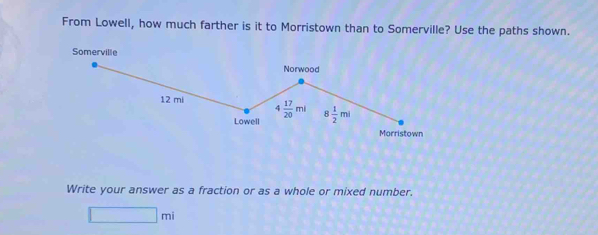 From Lowell, how much farther is it to Morristown than to Somerville? Use the paths shown.
Write your answer as a fraction or as a whole or mixed number.
□ mi