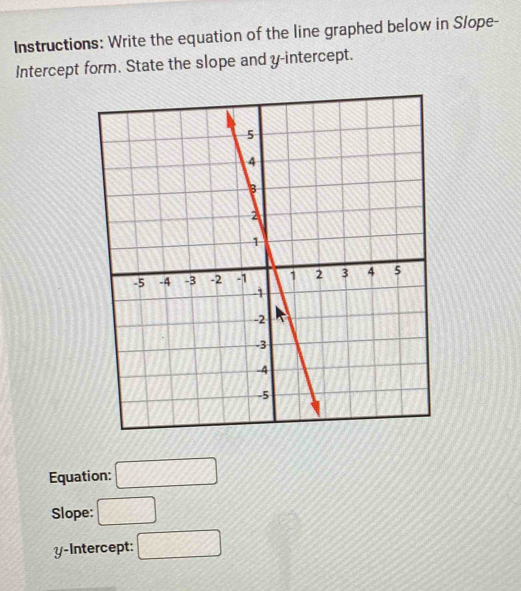 Instructions: Write the equation of the line graphed below in Slope- 
Intercept form. State the slope and y-intercept. 
Equation: □ 
Slope: □ 
y-Intercept: □