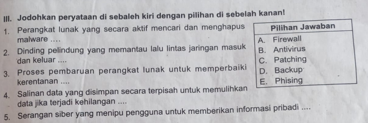 Jodohkan peryataan di sebaleh kiri dengan pilihan di sebelah kanan! 
1. Perangkat lunak yang secara aktif mencari dan menghapus 
malware .... 
2. Dinding pelindung yang memantau lalu lintas jaringan masuk 
dan keluar .... 
3. Proses pembaruan perangkat lunak untuk memperbaiki 
kerentanan .... 
4. Salinan data yang disimpan secara terpisah untuk memulihkan 
data jika terjadi kehilangan .... 
5. Serangan siber yang menipu pengguna untuk memberikan informasi pribadi ....