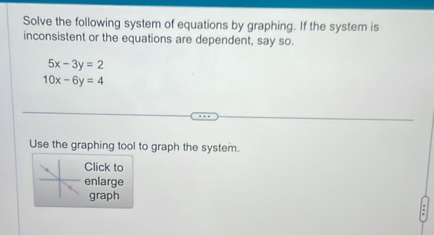 Solve the following system of equations by graphing. If the system is
inconsistent or the equations are dependent, say so.
5x-3y=2
10x-6y=4
Use the graphing tool to graph the system.
Click to
enlarge
graph