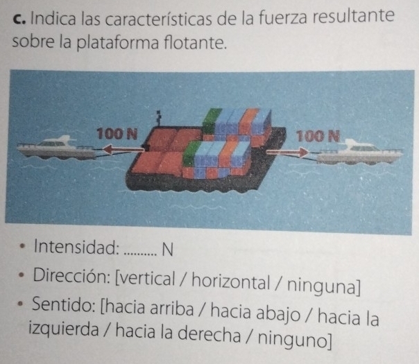 Indica las características de la fuerza resultante 
sobre la plataforma flotante. 
Intensidad: _N 
Dirección: [vertical / horizontal / ninguna] 
Sentido: [hacia arriba / hacia abajo / hacia la 
izquierda / hacia la derecha / ninguno]