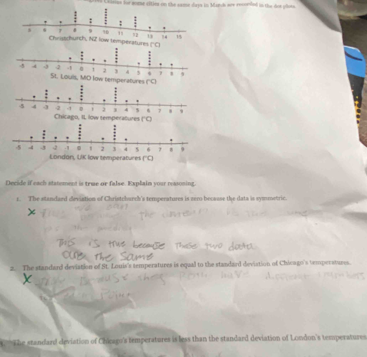 ptes Celsius for some cities on the same days in March are recorded in the dot plots.
Decide if each statement is true or false. Explain your reasoning.
1. The standard deviation of Christchurch's temperatures is zero because the data is symmetric.
2. The standard deviation of St. Louis's temperatures is equal to the standard deviation of Chicago's temperatures.
.  The standard deviation of Chicago's temperatures is less than the standard deviation of London's temperatures