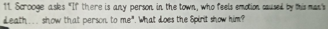 Scrooge asks "If there is any person in the town, who feels emotion caused by this mun"s 
death___ show that person to me". What does the Spirit show him?