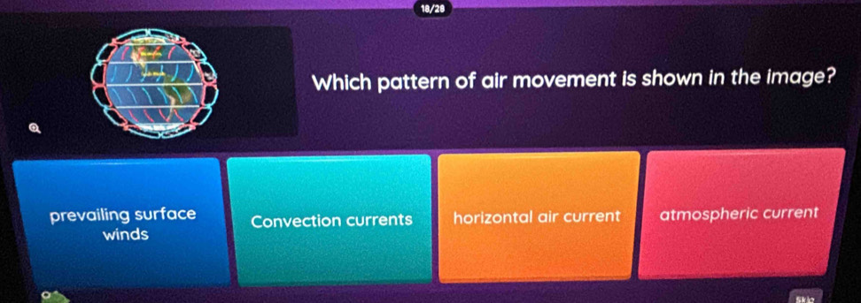 18/28
Which pattern of air movement is shown in the image?
prevailing surface Convection currents horizontal air current atmospheric current
winds
Ski