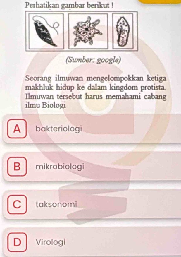 Perhatikan gambar berikut !
(Sumber: google)
Seorang ilmuwan mengelompokkan ketiga
makhluk hidup ke dalam kingdom protista.
Ilmuwan tersebut harus memahami cabang
ilmu Biologi
A bakteriologi
B mikrobiologi
C taksonomi
D Virologi