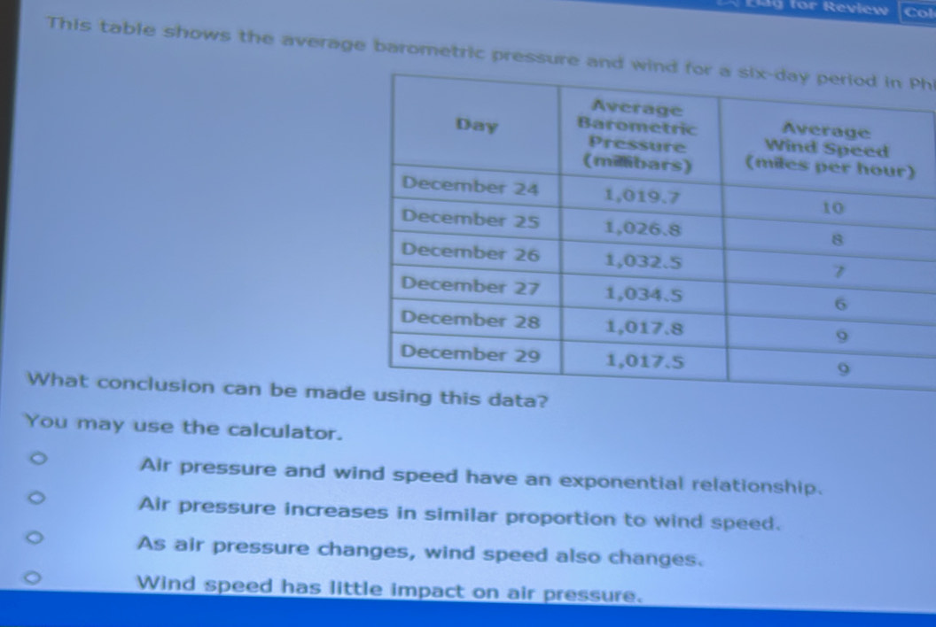 Solved: Llag for Review Col This table shows the average barometric ...