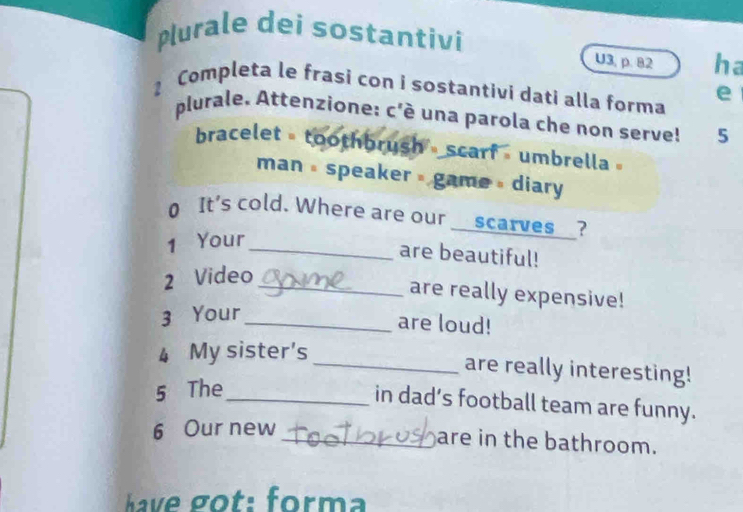 Plurale dei sostantivi U3, p. 82 ha 
Completa le frasi con i sostantivi dati alla forma e 
plurale. Attenzione: c'è una parola che non serve! 5 
bracelet = toothbrush - scarf - umbrella » 
man = speaker = game = diary 
0 It's cold. Where are our__scarves_ ? 
1 Your_ 
are beautiful! 
2 Video_ 
are really expensive! 
3 Your_ 
are loud! 
4 My sister's 
_are really interesting! 
5 The_ 
in dad’s football team are funny. 
6 Our new 
_are in the bathroom. 
have got: forma