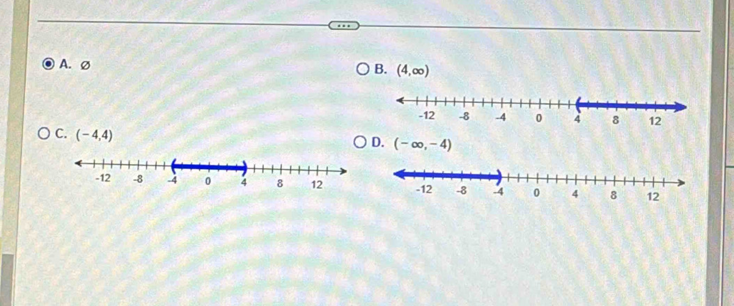 A. ∅
B. (4,∈fty )
C. (-4,4)
D. (-∈fty ,-4)