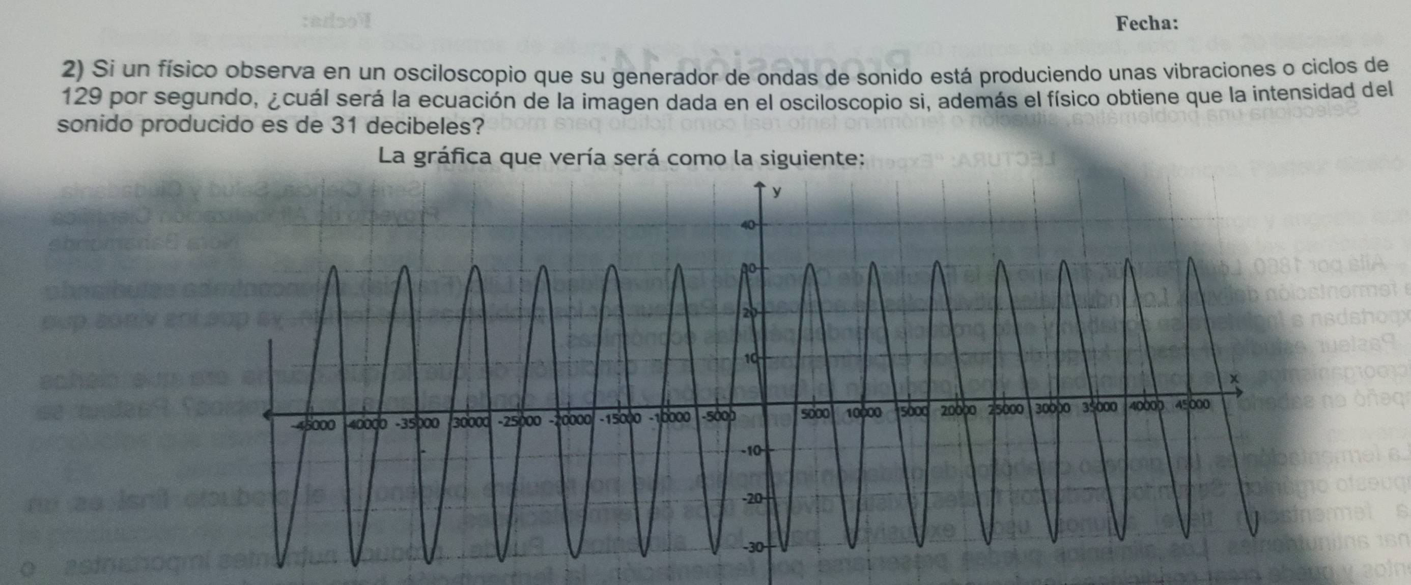 adsol Fecha: 
2) Si un físico observa en un osciloscopio que su generador de ondas de sonido está produciendo unas vibraciones o ciclos de
129 por segundo, ¿cuál será la ecuación de la imagen dada en el osciloscopio si, además el físico obtiene que la intensidad del 
sonido producido es de 31 decibeles? 
La gráfica que vería será como la siguiente: