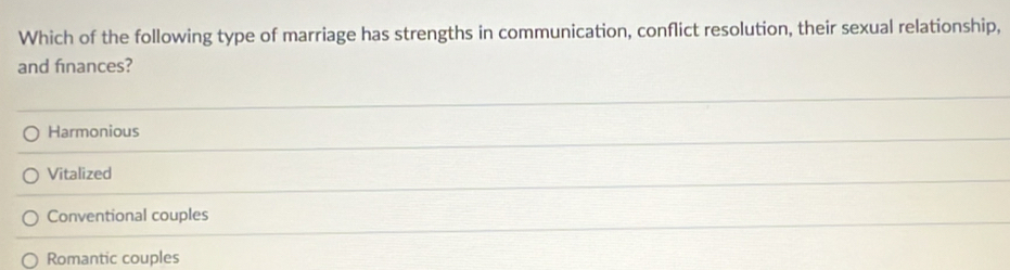 Which of the following type of marriage has strengths in communication, conflict resolution, their sexual relationship,
and finances?
Harmonious
Vitalized
Conventional couples
Romantic couples