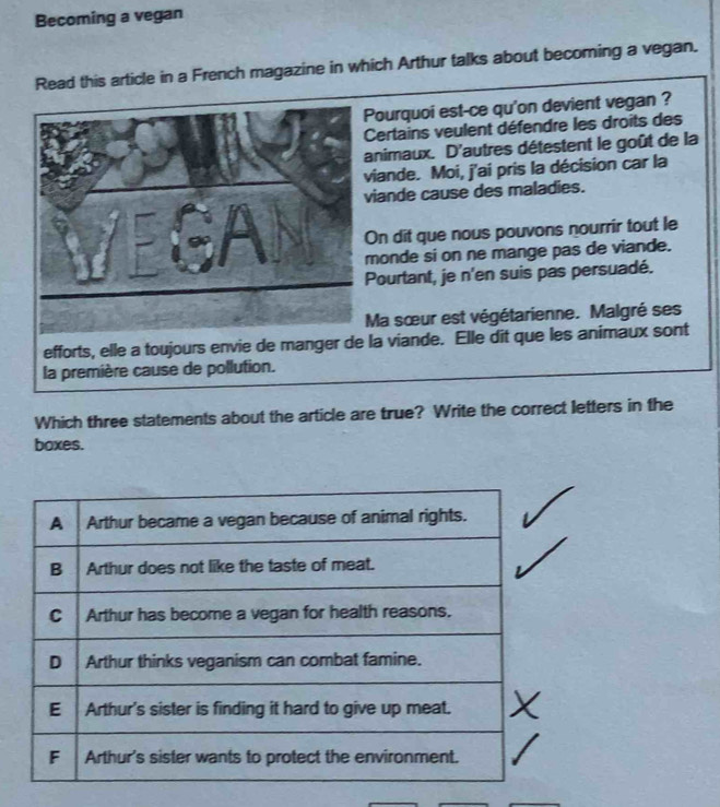 Becoming a vegan 
Read this article in a French magazine in which Arthur talks about becoming a vegan. 
Pourquoi est-ce qu'on devient vegan ? 
Certains veulent défendre les droits des 
animaux. D'autres détestent le goût de la 
viande. Moi, j'ai pris la décision car la 
iande cause des maladies. 
On dit que nous pouvons nourrir tout le 
monde si on ne mange pas de viande. 
Pourtant, je n'en suis pas persuadé. 
Ma sœur est végétarienne. Malgré ses 
la viande. Elle dit que les animaux sont 
la première cause de pollution. 
Which three statements about the article are true? Write the correct letters in the 
boxes.