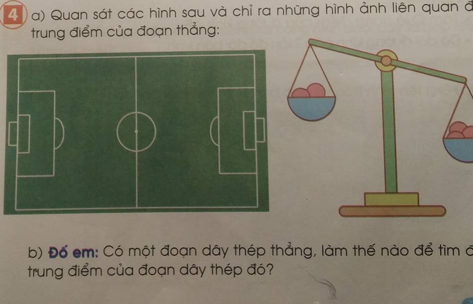 4 ) a) Quan sát các hình sau và chỉ ra những hình ảnh liên quan ở 
trung điểm của đoạn thẳng: 
b) Đổ em: Có một đoạn dây thép thẳng, làm thế nào để tìm ở 
trung điểm của đoạn dây thép đó?