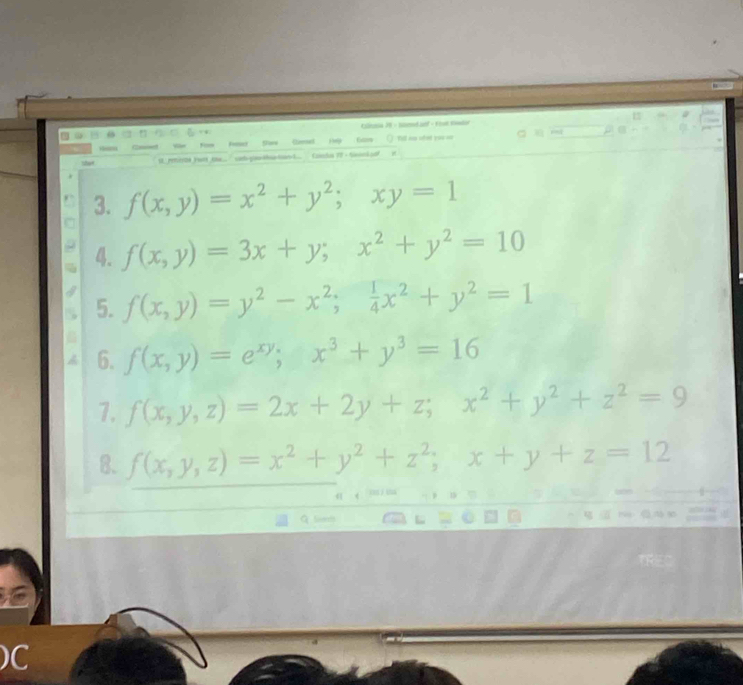 Eslrnia JV - Smedief - Fiot Sedir 
Sore Unmet rp fa Till iss ofet y== == 
, st rie y ort t , ad po the tan . . Cambo 78 - Neonkodf it 
3. f(x,y)=x^2+y^2; xy=1
4. f(x,y)=3x+y; x^2+y^2=10
5. f(x,y)=y^2-x^2;  1/4 x^2+y^2=1
6. f(x,y)=e^(xy); x^3+y^3=16
7. f(x,y,z)=2x+2y+z; x^2+y^2+z^2=9
B. f(x,y,z)=x^2+y^2+z^2; x+y+z=12
)C