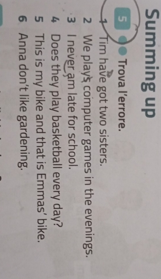 Summing up 
5 Trova l’errore. 
1 Tim have got two sisters. 
2 We plays computer games in the evenings. 
3 I never am late for school. 
4 Does they play basketball every day? 
5 This is my bike and that is Emmas’ bike. 
6 Anna don’t like gardening.