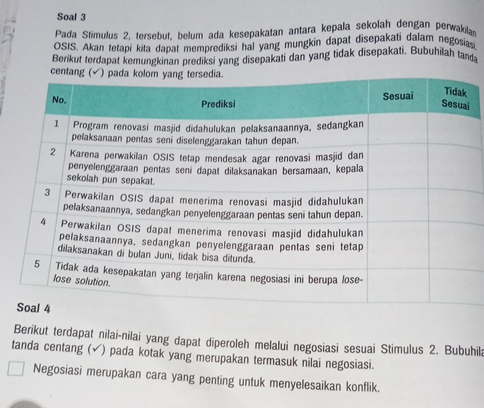 Soal 3 
Pada Stimulus 2, tersebut, belum ada kesepakatan antara kepala sekolah dengan perwakilan 
OSIS. Akan tetapi kita dapat memprediksi hal yang mungkin dapat disepakati dalam negosiasi. 
Berikut terdapat kemungkinan prediksi yang disepakati dan yang tidak disepakati. Bubuhilah tanda 
Berikut terdapat nilai-nilai yang dapat diperoleh melalui negosiasi sesuai Stimulus 2. Bubuhila 
tanda centang (√) pada kotak yang merupakan termasuk nilai negosiasi. 
Negosiasi merupakan cara yang penting untuk menyelesaikan konflik.