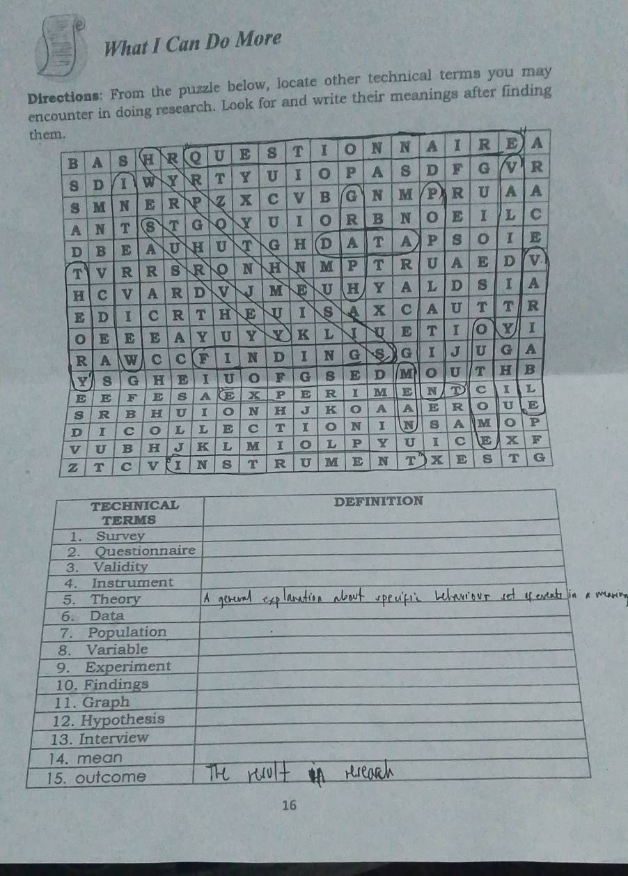 What I Can Do More 
Directions: From the puzzle below, locate other technical terms you may 
encounter in doing research. Look for and write their meanings after finding 
t
16