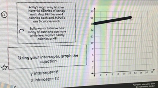 Sally's mom only lets her 
have 48 calories of candy 
each day. Skittles are 4
calories each and M&M's 
are 3 calories each. 
Sally wants to know how 
many of each she can have 
while keeping her candy 
calories at 48. 
Using your intercepts, graph the 
equation.
y intercept =16
x intercept =12. 
Pear Deck Interactive Slide So not reove this her