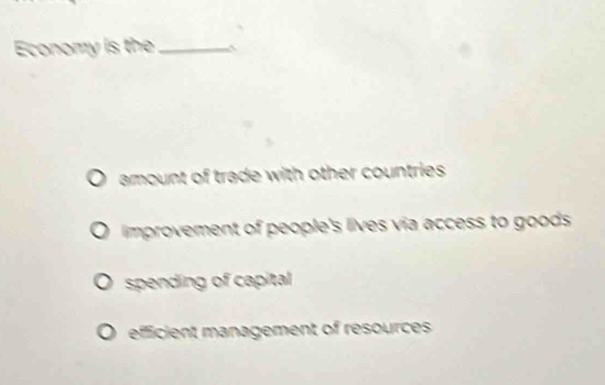 Economy is the_
amount of trade with other countries .
improvement of people's lives via access to goods
spending of capital
efficient management of resources