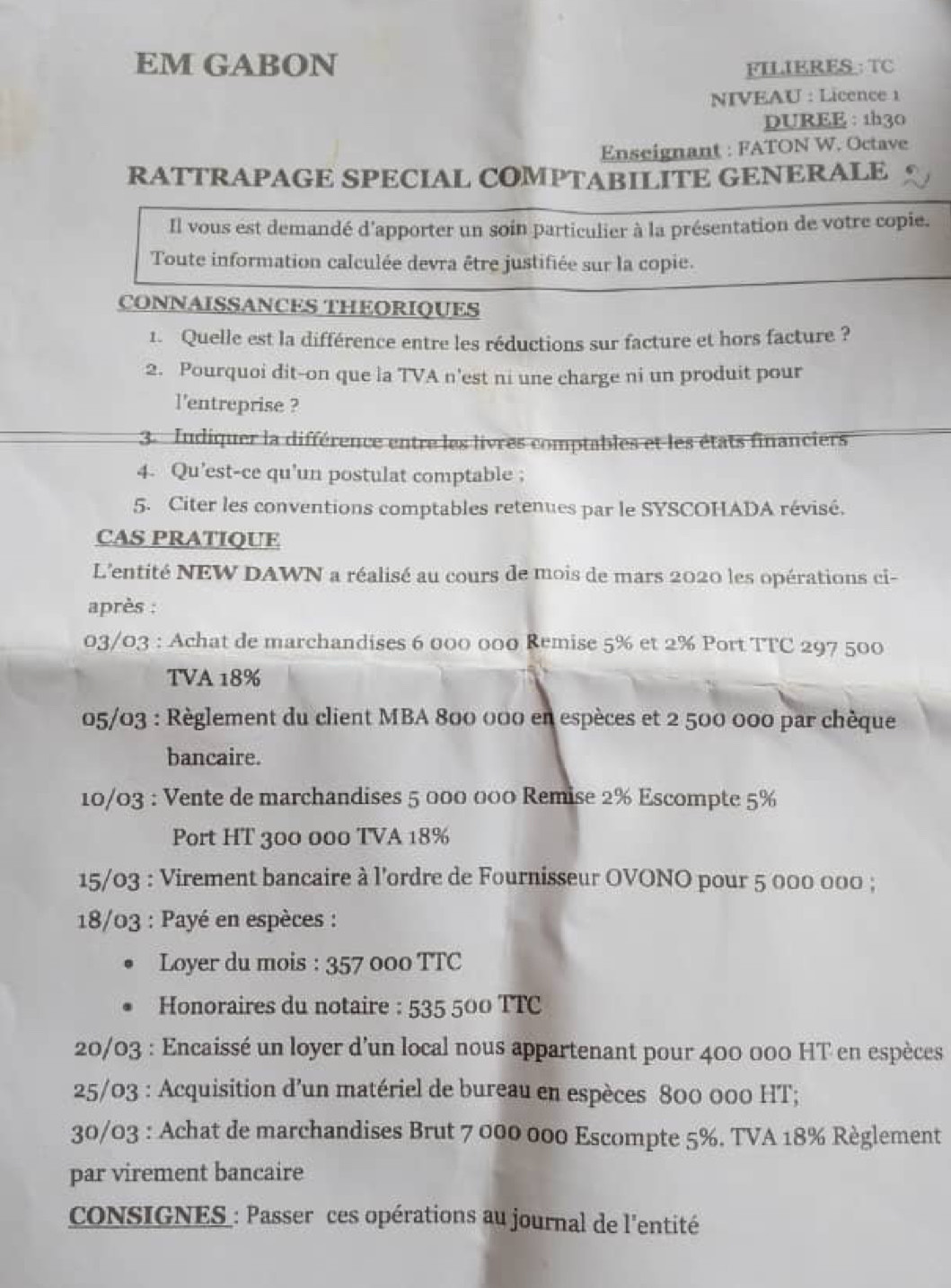 EM GABON
FILIERES : TC
NIVEAU : Licence 1
DUREE : 1h30
Enseignant : FATON W. Octave
RATTRAPAGE SPECIAL COMPTABILITE GENERALE
Il vous est demandé d'apporter un soin particulier à la présentation de votre copie.
Toute information calculée devra être justifiée sur la copie.
CONNAISSANCES THEORIQUES
1.  Quelle est la différence entre les réductions sur facture et hors facture ?
2. Pourquoi dit--on que la TVA n'est ni une charge ni un produit pour
l'entreprise ?
3. Indiquer la différence entre les livres comptables et les états financiers
4. Qu’est-ce qu'un postulat comptable ;
5. Citer les conventions comptables retenues par le SYSCOHADA révisé.
CAS PRATIQUE
L'entité NEW DAWN a réalisé au cours de mois de mars 2020 les opérations ci-
après :
03/03 : Achat de marchandises 6 000 000 Remise 5% et 2% Port TTC 297 500
TVA 18%
05/03 : Règlement du client MBA 800 000 en espèces et 2 500 000 par chèque
bancaire.
10/03 : Vente de marchandises 5 000 000 Remise 2% Escompte 5%
Port HT 300 000 TVA 18%
15/03 : Virement bancaire à l'ordre de Fournisseur OVONO pour 5 000 000 ;
18/03 : Payé en espèces :
Loyer du mois : 357 000 TTC
Honoraires du notaire : 535 500 TTC
20/03 : Encaissé un loyer d’un local nous appartenant pour 400 000 HT en espèces
25/03 : Acquisition d'un matériel de bureau en espèces 800 000 HT;
30/03 : Achat de marchandises Brut 7 000 000 Escompte 5%. TVA 18% Règlement
par virement bancaire
cCONSIGNES : Passer ces opérations au journal de l'entité