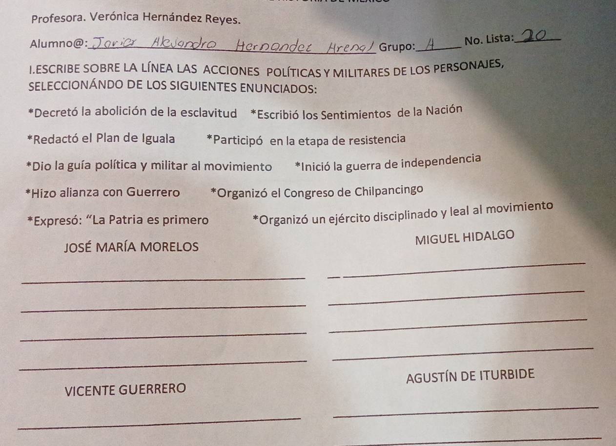 Profesora. Verónica Hernández Reyes.
Alumno@:_ Grupo:_
No. Lista:_
I.ESCRIBE SOBRE LA LÍNEA LAS ACCIONES POLÍTICAS Y MILITARES DE LOS PERSONAJES,
SELECCIONÁNDO DE LOS SIGUIENTES ENUNCIADOS:
*Decretó la abolición de la esclavitud *Escribió los Sentimientos de la Nación
*Redactó el Plan de Iguala *Participó en la etapa de resistencia
*Dio la guía política y militar al movimiento *Inició la guerra de independencia
*Hizo alianza con Guerrero *Organizó el Congreso de Chilpancingo
*Expresó: “La Patria es primero *Organizó un ejército disciplinado y leal al movimiento
JOSÉ MARÍA MORELOS
MIGUEL HIDALGO
_
_
_
_
_
_
_
_
VICENTE GUERRERO AGUSTÍN DE ITURBIDE
_
_
_