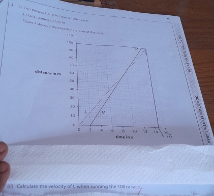 Two people, L and M, have a 100 m race
L Mtarts running before M
Figure 4 shows a distancertime 
distance in m
(ii) Calculate the velocity of L when running the 100 m race