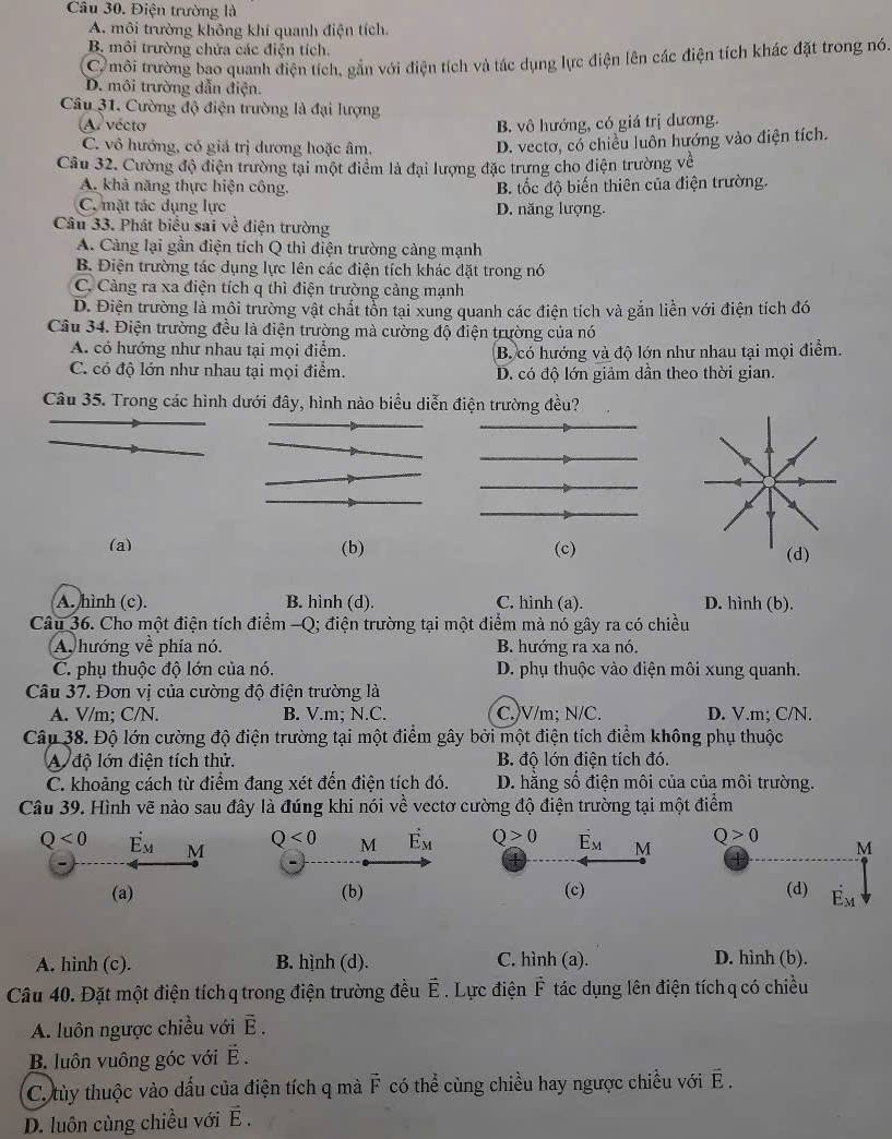 Điện trường là
A. môi trường không khí quanh điện tích.
B. môi trường chứa các điện tích.
C môi trường bao quanh điện tích, gắn với điện tích và tác dụng lực điện lên các điện tích khác đặt trong nó.
D. môi trường dẫn điện.
Câu 31. Cường độ điện trường là đại lượng
A. vécto B. vô hướng, có giá trị dương.
C. vô hướng, có giá trị dương hoặc âm.
D. vectơ, có chiều luôn hướng vào điện tích.
Câu 32. Cường độ điện trường tại một điểm là đại lượng đặc trưng cho điện trường về
A. khả năng thực hiện công, B tốc độ biến thiên của điện trường.
C. mặt tác dụng lực D. năng lượng.
Câu 33. Phát biểu sai về điện trường
A. Cảng lại gần điện tích Q thì điện trường cảng mạnh
B. Điện trường tác dụng lực lên các điện tích khác đặt trong nó
C. Càng ra xa điện tích q thì điện trường cảng mạnh
D. Điện trường là môi trường vật chất tồn tại xung quanh các điện tích và gắn liền với điện tích đó
Câu 34. Điện trường đều là điện trường mà cường độ điện trường của nó
A. có hướng như nhau tại mọi điểm. B. có hướng và độ lớn như nhau tại mọi điểm.
C. có độ lớn như nhau tại mọi điểm. D. có độ lớn giảm dần theo thời gian.
Câu 35. Trong các hình dưới đây, hình nào biểu diễn
(a) (b) (c) (d)
A. hình (c). B. hình (d). C. hinh (a). D. hình (b).
Câu 36. Cho một điện tích điểm -Q; điện trường tại một điểm mà nó gây ra có chiều
A. hướng vhat e phía nó. B. hướng ra xa nó.
C. phụ thuộc độ lớn của nó. D. phụ thuộc vào điện môi xung quanh.
Câu 37. Đơn vị của cường độ điện trường là
A. V/m; C/N. B. V.m; N.C. C. V/m; N/C. D. V.m; C/N.
Câp 38. Độ lớn cường độ điện trường tại một điểm gây bởi một điện tích điểm không phụ thuộc
A độ lớn điện tích thử. B. độ lớn điện tích đó.
C. khoảng cách từ điểm đang xét đến điện tích đó. D. hằng số điện môi của của môi trường.
Câu 39. Hình vẽ nào sau đây là đúng khi nói về vectơ cường độ điện trường tại một điểm
Q<0</tex> E_M M Q<0</tex> M vector E_M Q≥ 0 hat E_M M 
(a) (b) (c) 
A. hinh (c). B. hình (d). C. hình (a). D. hình (b).
Câu 40. Đặt một điện tíchq trong điện trường đều vector E. Lực điện F tác dụng lên điện tích q có chiều
A. luôn ngược chiều với vector E.
B. luôn vuông góc với vector E.
C. tùy thuộc vào dấu của điện tích q mà F có thể cùng chiều hay ngược chiều với vector E.
D. luôn cùng chiều với E.