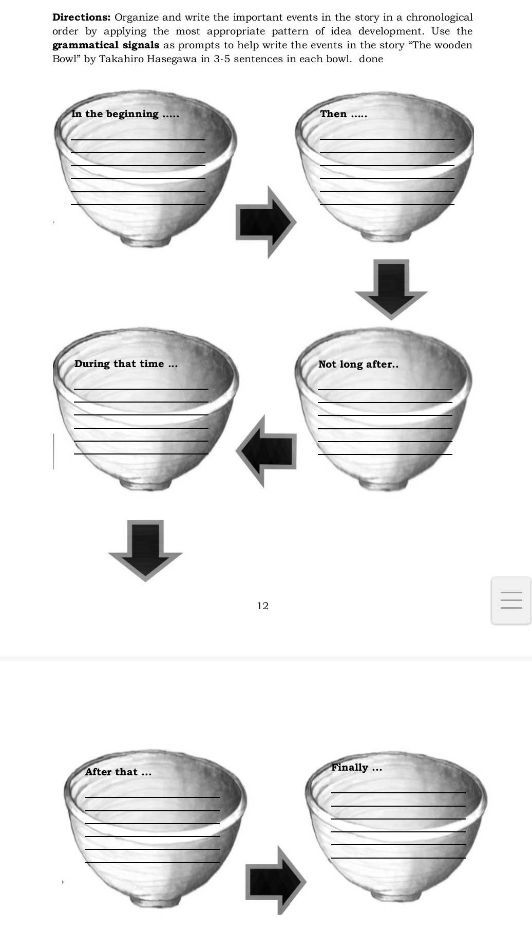 Directions: Organize and write the important events in the story in a chronological 
order by applying the most appropriate pattern of idea development. Use the 
grammatical signals as prompts to help write the events in the story “The wooden 
Bowl” by Takahiro Hasegawa in 3-5 sentences in each bowl. done