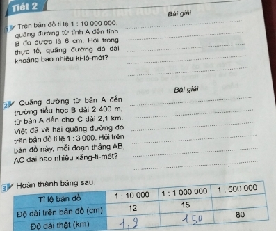 Tiét 2
Trên bản đồ tỉ lệ 1:100 _Bài giải
quãng đường từ tỉnh A đến tỉnh_
B đo được là 6 cm. Hỏi trong_
_
thực tế, quãng đường đó dài
_
khoảng bao nhiêu ki-lô-mét?
Quảng đường từ bản A đến _Bài giải
trường tiểu học B dài 2 400 m,_
từ bản A đến chợ C dài 2,1 km._
_
Việt đã vẽ hai quãng đường đó
trên bản đồ tỉ lệ 1:3000. Hỏi trên
bản đồ này, mỗi đoạn thẳng AB,_
AC dài bao nhiêu xăng-ti-mét?_