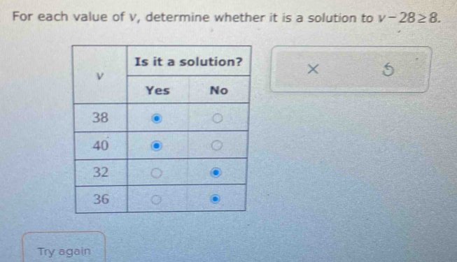 For each value of v, determine whether it is a solution to v-28≥ 8. 
× 
Try again