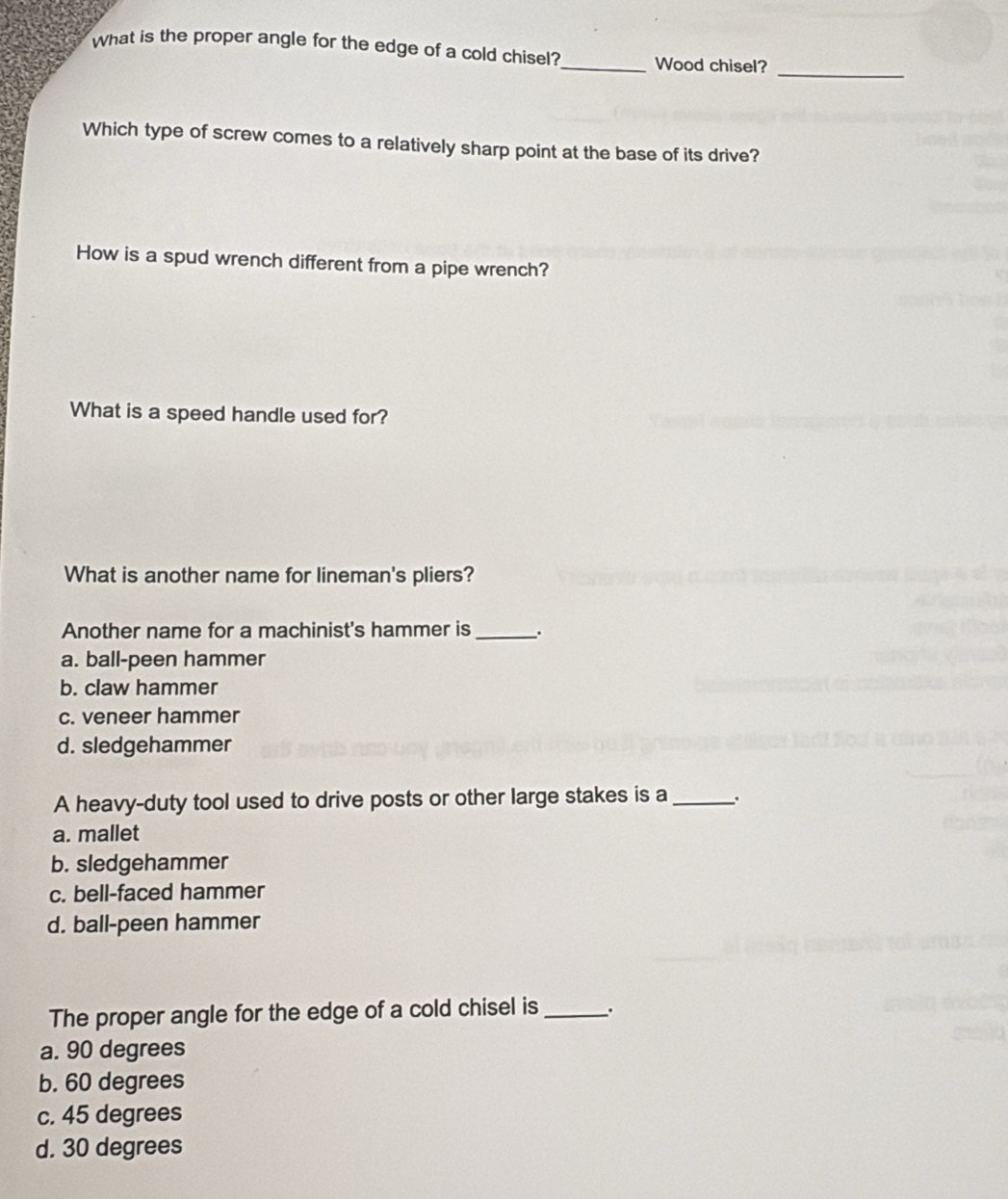 Solved: What is the proper angle for the edge of a cold chisel?_ Wood ...