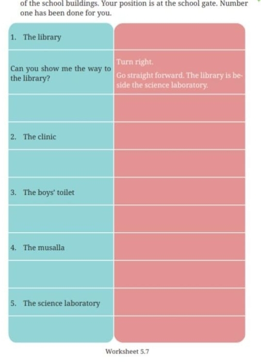 of the school buildings. Your position is at the school gate. Number 
one has been done for you. 
1. 
Ca 
th 
2. 
3. 
4. 
5. 
Worksheet 5.7