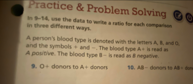 Practice & Problem Solving 
In 9-14, use the data to write a ratio for each comparison 
in three different ways. 
A person's blood type is denoted with the letters A, B, and O, 
and the symbols + and -. The blood type A+ is read as 
A positive. The blood type B — is read as B negative. 
9. O+ donors to A+ donors 10. AB - donors to AB+ don