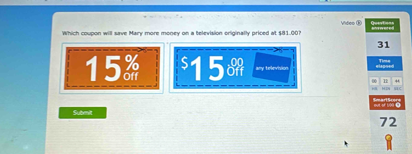 Video ⓑ Questions
answered
Which coupon will save Mary more money on a television originally priced at $81,00?
31
15 $15 any television elapsed Time
00 22 44
HR MIN SEC
SmartScore
out of 100 T
Submit
72