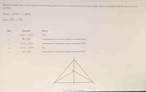 The proof below may or may not be correct. If the proof is incorrect, determine the first step number that is not justified and the reason it is not 
justified. 
Given: △ ACE≌ △ BCE
Prove: overline DA≌ overline DB. 
Step Outement Reasom
△ ACE≌ △ BCE
overline AC=overline BC Corresponfing Parts of Congouent Triangles are Congreent (CPCTC) 
3 ∠ ACD≌ ∠ BCD Correoponding Parts of Congruent Triangles are Congruent (CPCIC)
△ ACD≌ △ DCD 5A5
overline DA=overline DB Corresponding Parts of Congroent Triangles wa Congranat (CPCTC)
mecC=m∠ TRB