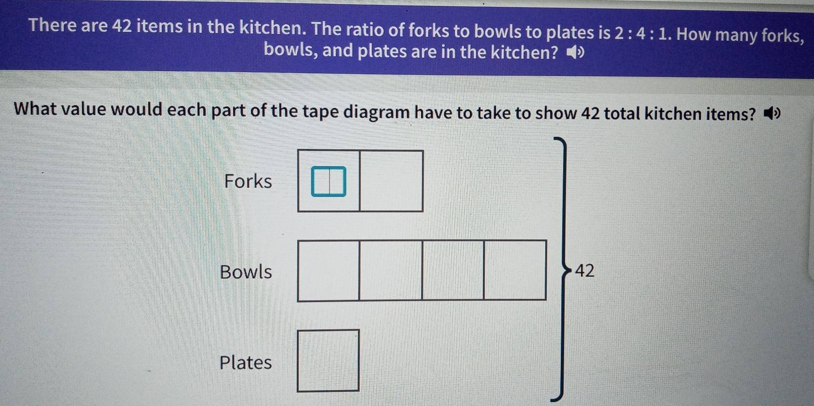 There are 42 items in the kitchen. The ratio of forks to bowls to plates is 2:4:1. How many forks, 
bowls, and plates are in the kitchen? ◢ 
What value would each part of the tape diagram have to take to show 42 total kitchen items? ◢ 
Forks 
Bowls 42
Plates