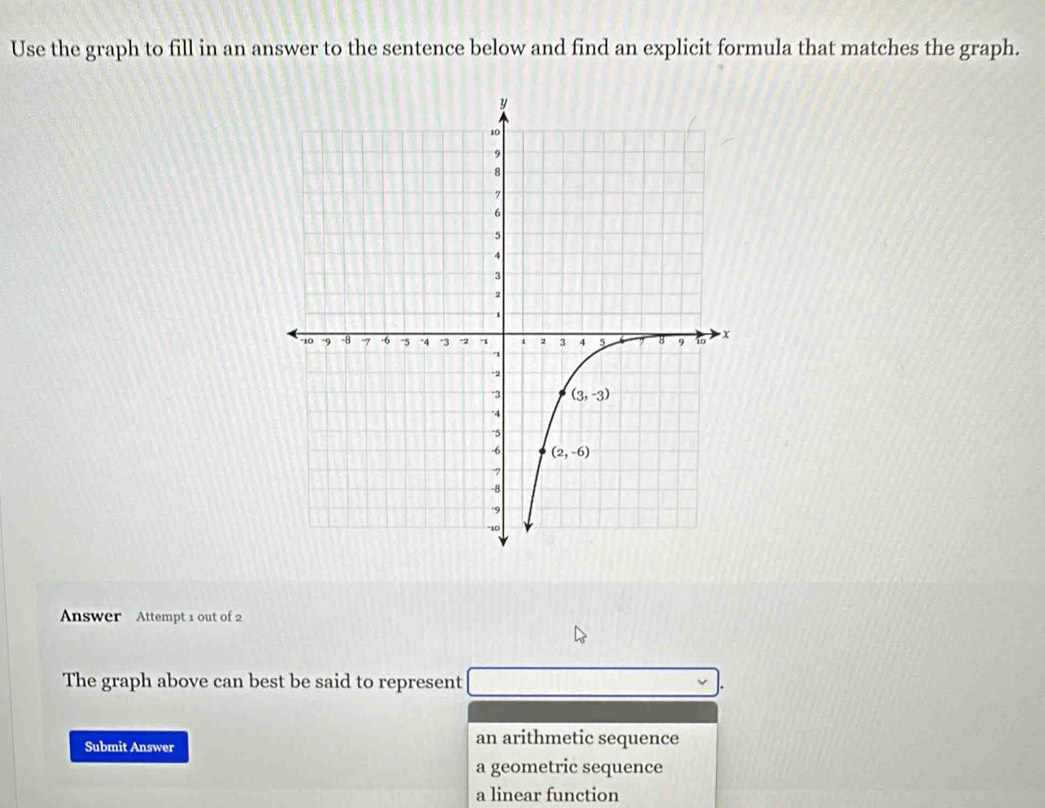 Use the graph to fill in an answer to the sentence below and find an explicit formula that matches the graph.
Answer Attempt 1 out of 2
The graph above can best be said to represent
Submit Answer an arithmetic sequence
a geometric sequence
a linear function