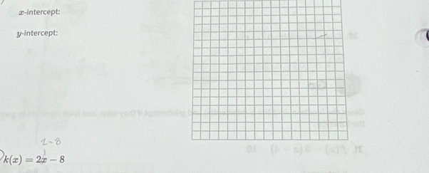 x-intercept: 
y-intercept:
k(x)=2x-8