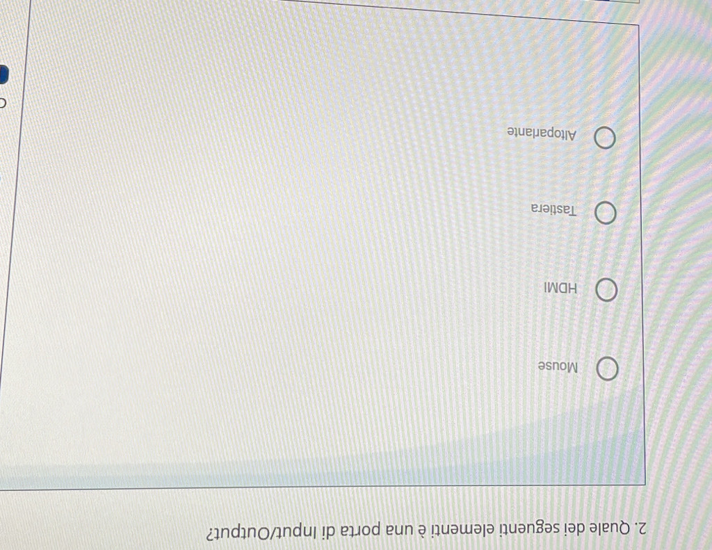 Quale dei seguenti elementi è una porta di Input/Output?
Mouse
HDMI
Tastiera
Altoparlante