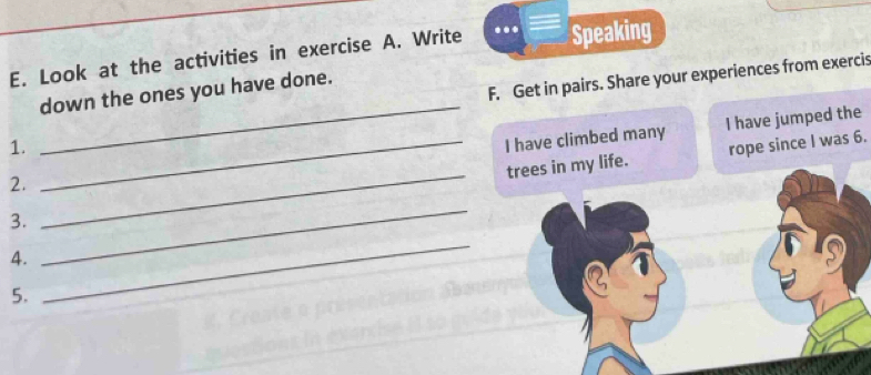 Look at the activities in exercise A. Write . Speaking 
_ 
F. Get in pairs. Share your experiences from exercis 
down the ones you have done. 
I have jumped the 
1. 
rope since I was 6. 
2. _I have climbed many 
3. _trees in my life. 
4. 
_ 
5. 
_