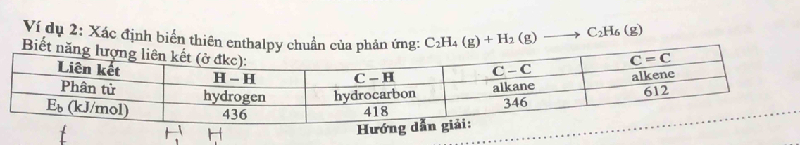 Ví dụ 2: Xác định biển thiên enthalpy phản ứng: C_2H_4(g)+H_2(g)- to
C_2H_6(g)

Hướng