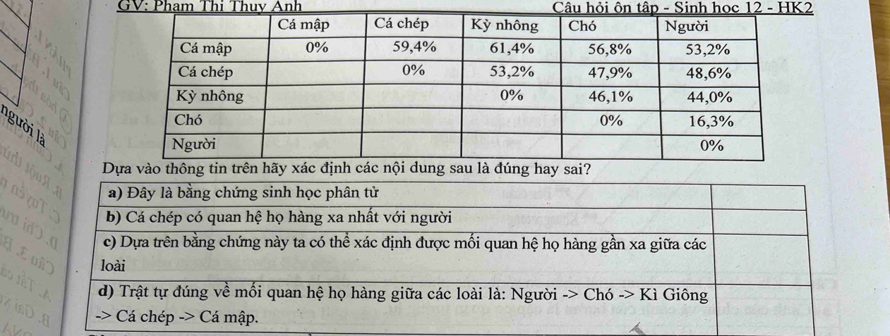 GV: Pham Thi Thuy Anh Câu hỏi ôn tập - Sinh học 12 - HK2 
gười là 
D