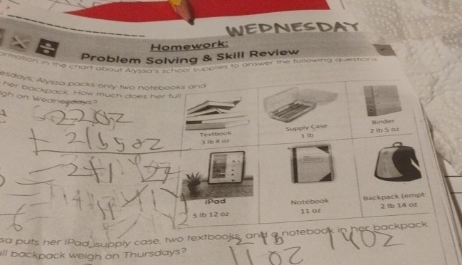 WEDNESDAY 
Homework: 
Problem Solving & Skill Review 
omation in the chart about Alyssa's school supplies to answer the following questions 
esdays, Alyssa packs only two notebooks and 
her backpack. How much does her full 
gh on Wednesdays? 
Textbook Supply Case Binder
3 lb 8 or 1 lb 2 lb S oz
iPad Notebook Backpack (empt
5 lb 12 oz 11 02 2 lb 14 oz
sa puts her iPad supply case, two textbooks, and a notebook in her backpack. 
ill backpack weigh on Thursdays?