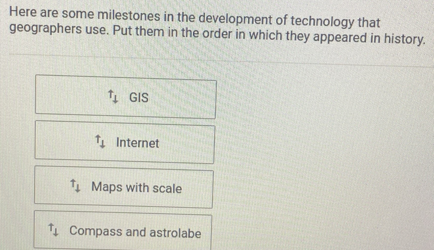 Here are some milestones in the development of technology that
geographers use. Put them in the order in which they appeared in history.
uparrow _downarrow  GIS
uparrow _downarrow  Internet
□ Maps with scale
uparrow _downarrow  Compass and astrolabe