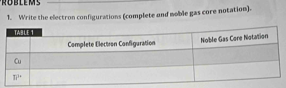 ROBLEMS
1. Write the electron configurations (complete and noble gas core notation).