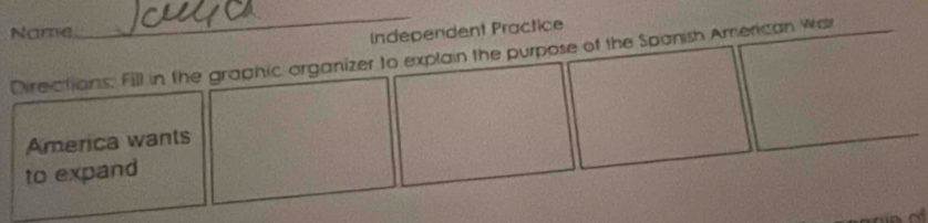 Name 
_ 
Independent Practice 
Directions. Fill in the graphic organizer to explain the purpose of the Spanish American War 
America wants 
to expand