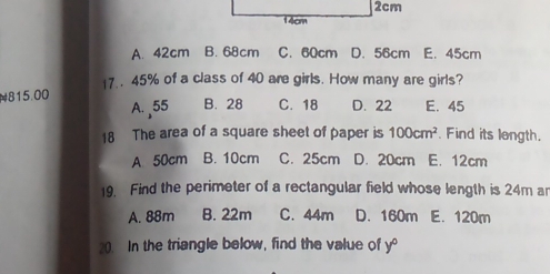 A. 42cm B. 68cm C. 60cm D. 56cm E. 45cm
17.. 45% of a class of 40 are girls. How many are girls?
N815. 00 B. 28 C. 18 D. 22 E. 45
A. , 55
18 The area of a square sheet of paper is 100cm^2. Find its length.
A. 50cm B. 10cm C. 25cm D. 20cm E. 12cm
19. Find the perimeter of a rectangular field whose length is 24m a
A. 88m B. 22m C. 44m D. 160m E. 120m
20. In the triangle below, find the value of y°