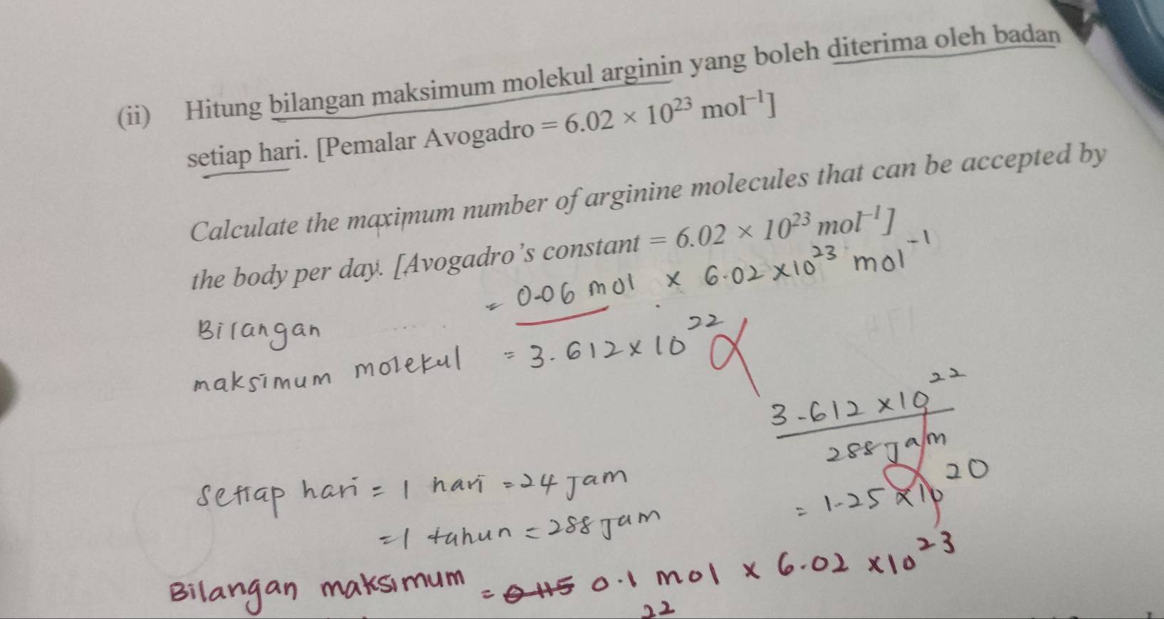 (ii) Hitung bilangan maksimum molekul arginin yang boleh diterima oleh badan 
setiap hari. [Pemalar Avogadro =6.02* 10^(23)mol^(-1)]
Calculate the maximum number of arginine molecules that can be accepted by 
the body per day. [Avogadro’s constant =6.02* 10^(23)mol^(-1)]