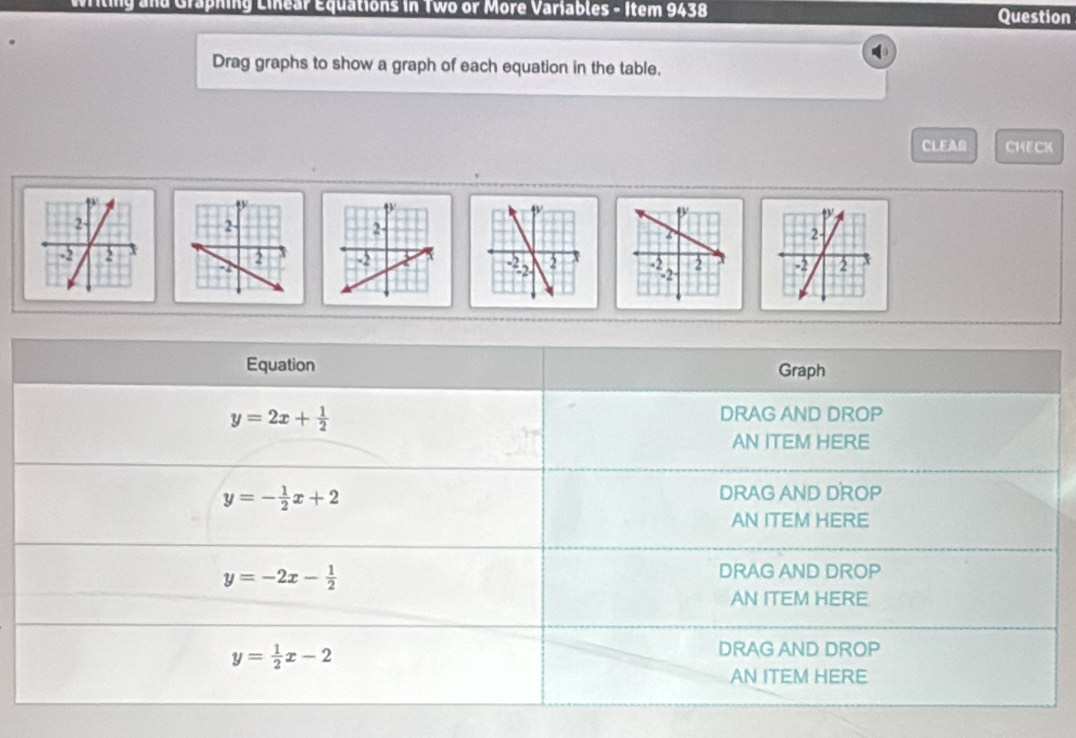 iting and Graphing Linear Equations in Two or More Variables - Item 9438 Question 
Drag graphs to show a graph of each equation in the table. 
CLEAR CHECK 


Equation Graph
y=2x+ 1/2 
DRAG AND DROP 
AN ITEM HERE
y=- 1/2 x+2
DRAG AND DROP 
AN ITEM HERE
y=-2x- 1/2 
DRAG AND DROP 
AN ITEM HERE
y= 1/2 x-2
DRAG AND DROP 
AN ITEM HERE