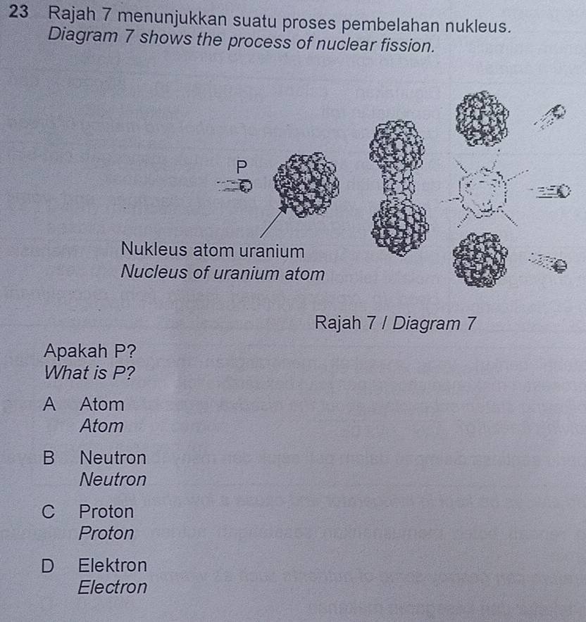 Rajah 7 menunjukkan suatu proses pembelahan nukleus.
Diagram 7 shows the process of nuclear fission.
Nukleus
Nucleus
Rajah 7 / Diagram 7
Apakah P?
What is P?
A Atom
Atom
B Neutron
Neutron
C Proton
Proton
D Elektron
Electron