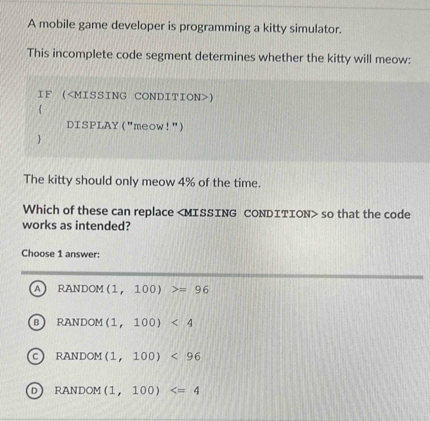 Solved: A mobile game developer is programming a kitty simulator. This ...